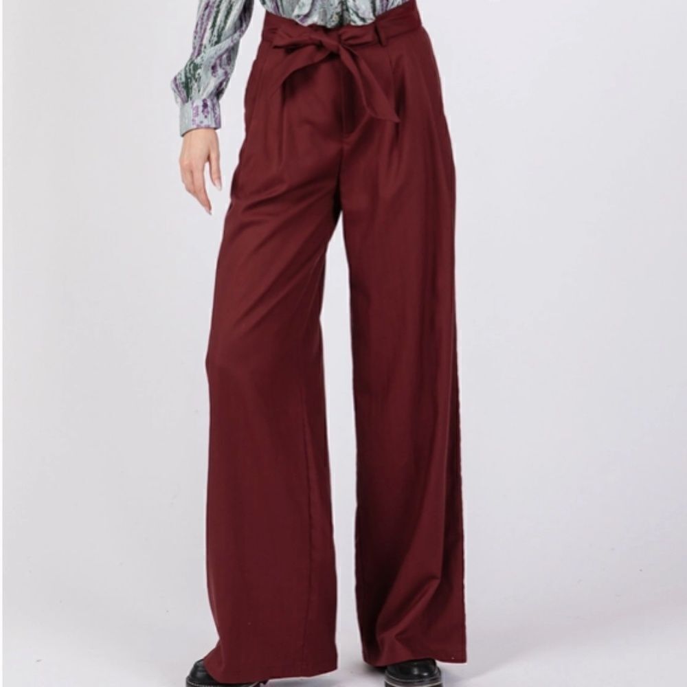 Wide Leg Pleated High Waist Belted Rust Colored Pants Ruffle Side Pockets
